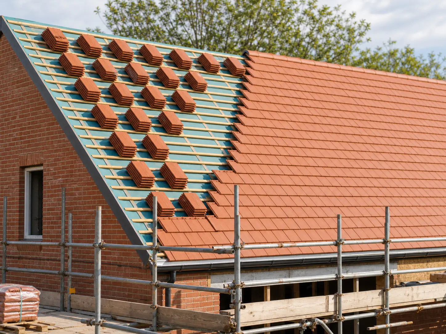 Roof tiles being laid on a new brick house under scaffold