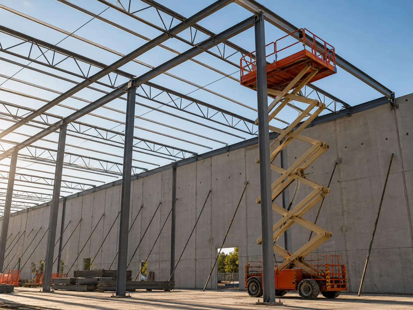 Steel-frame building under construction with a scissor lift
