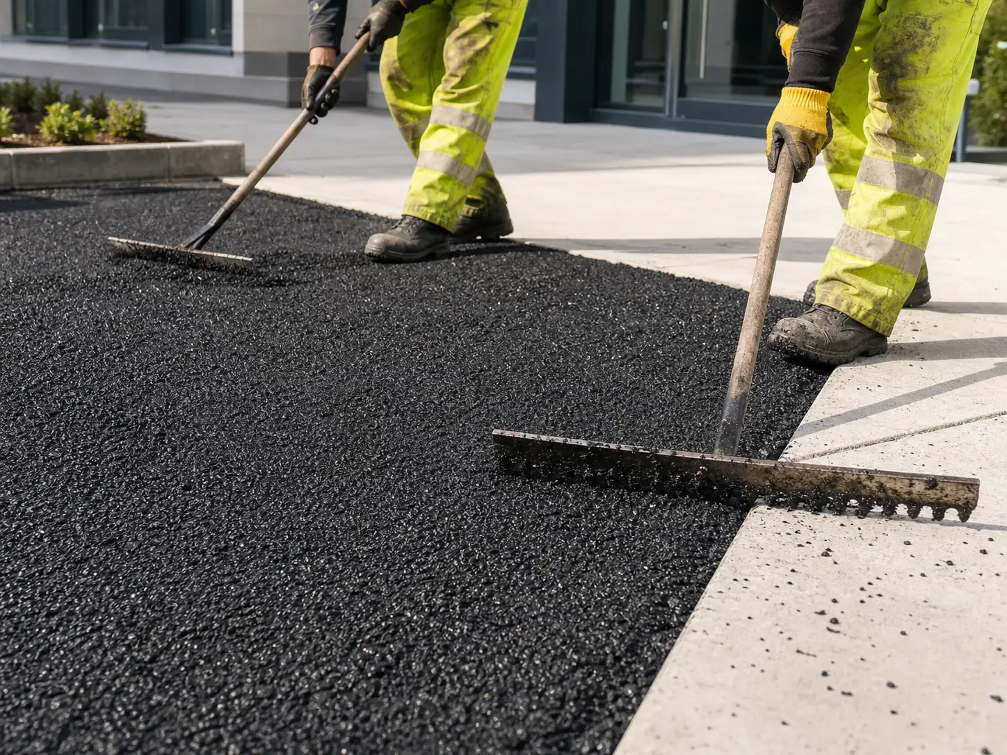 Operatives raking tarmac on a new surface