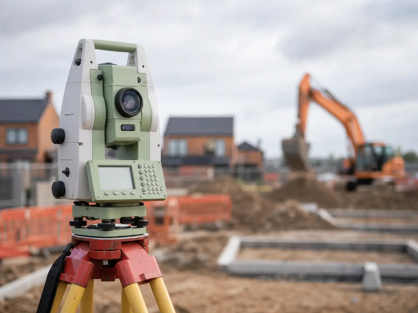 Surveying total station set up on a construction site