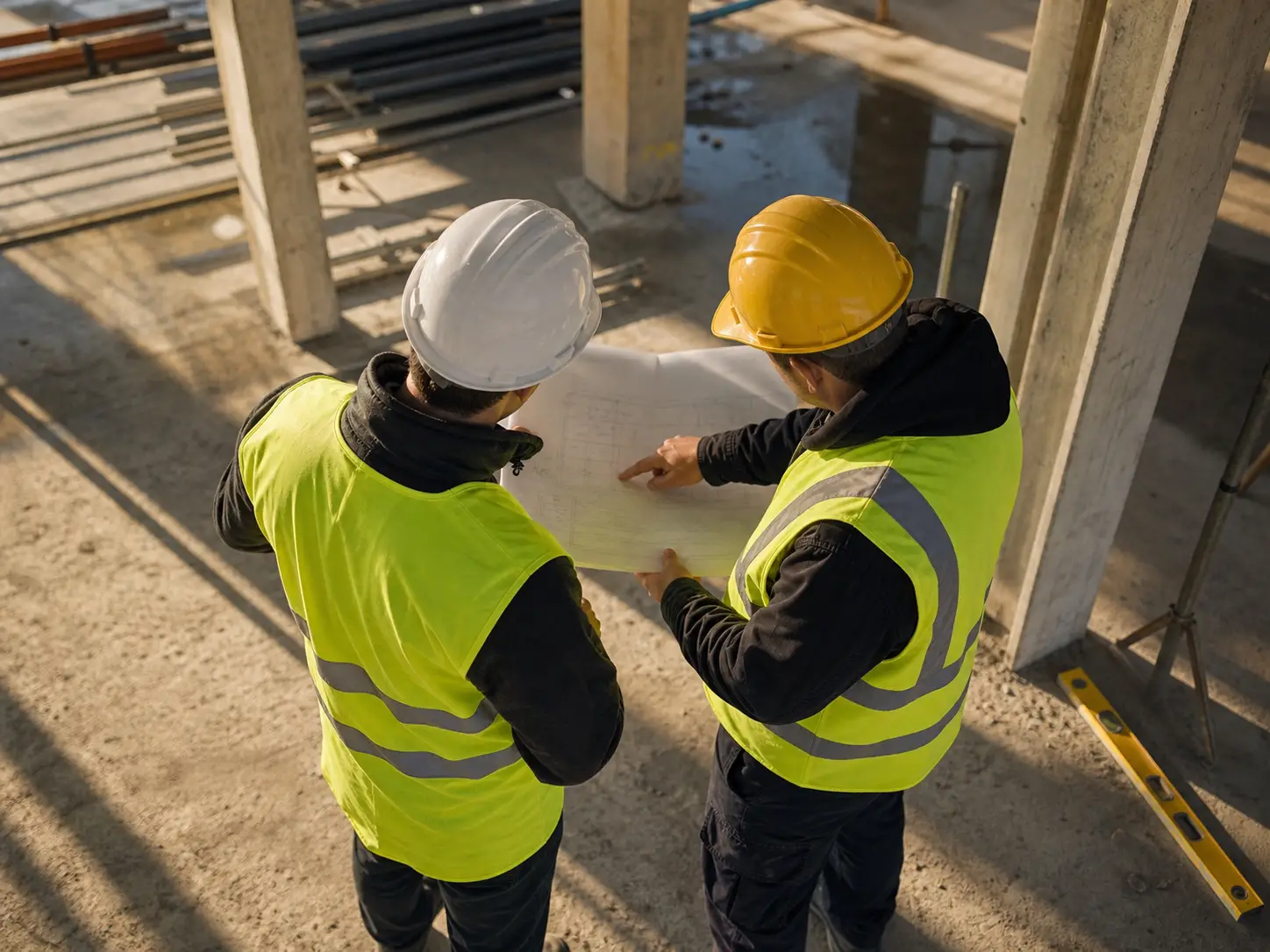 Two site managers reviewing drawings on a concrete floor slab