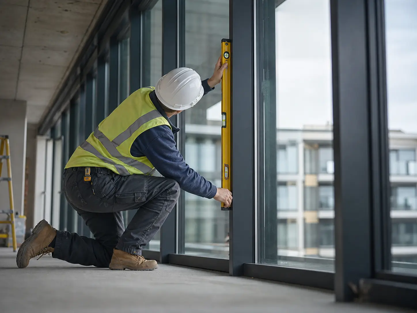 Operative checking a window frame with a spirit level