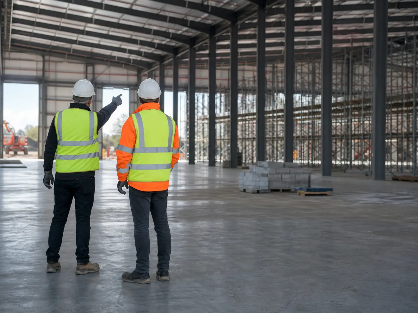 Two site managers in hi-vis walking through a steel-frame building shell