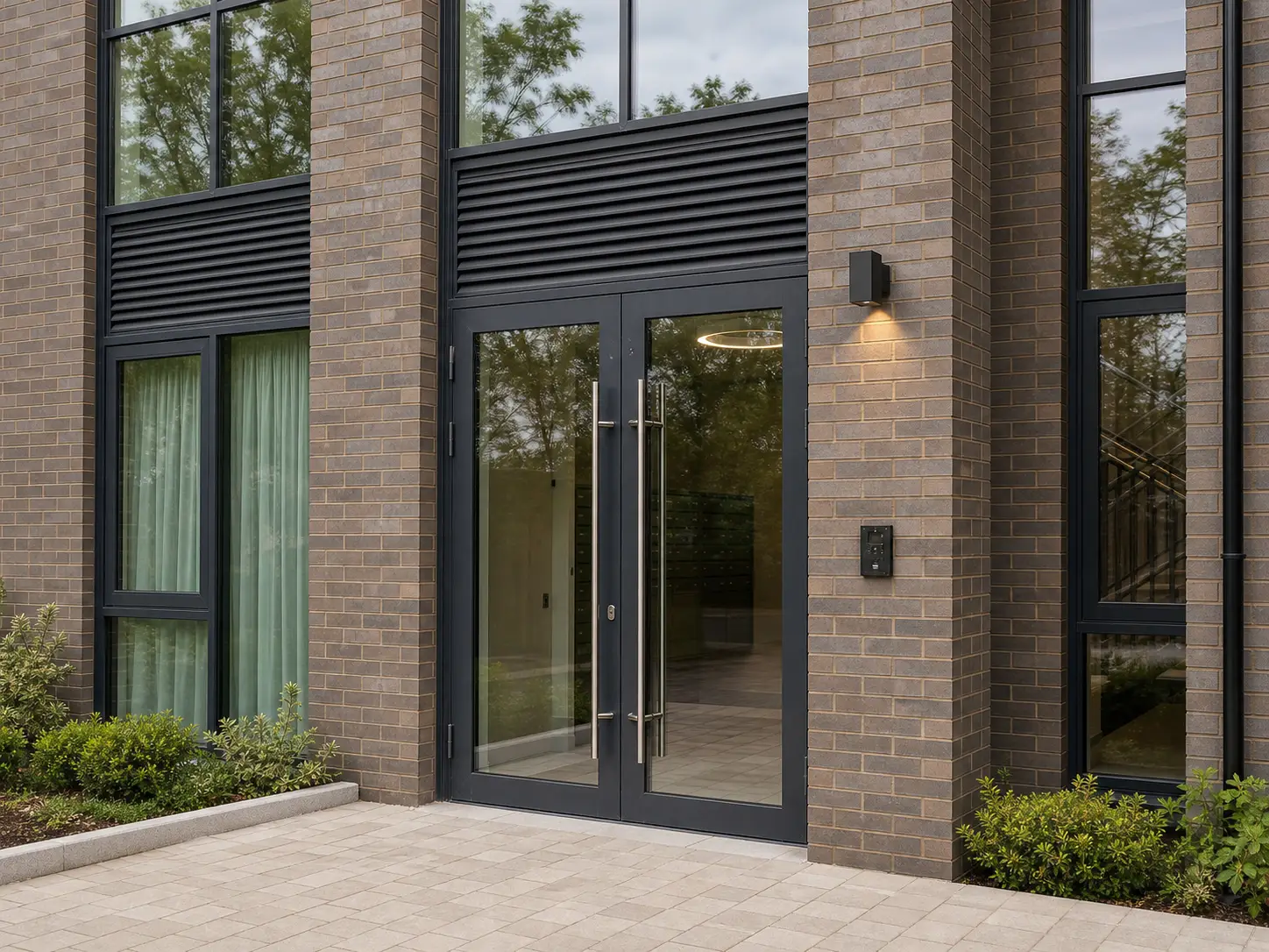 Glazed entrance of a completed brick commercial building