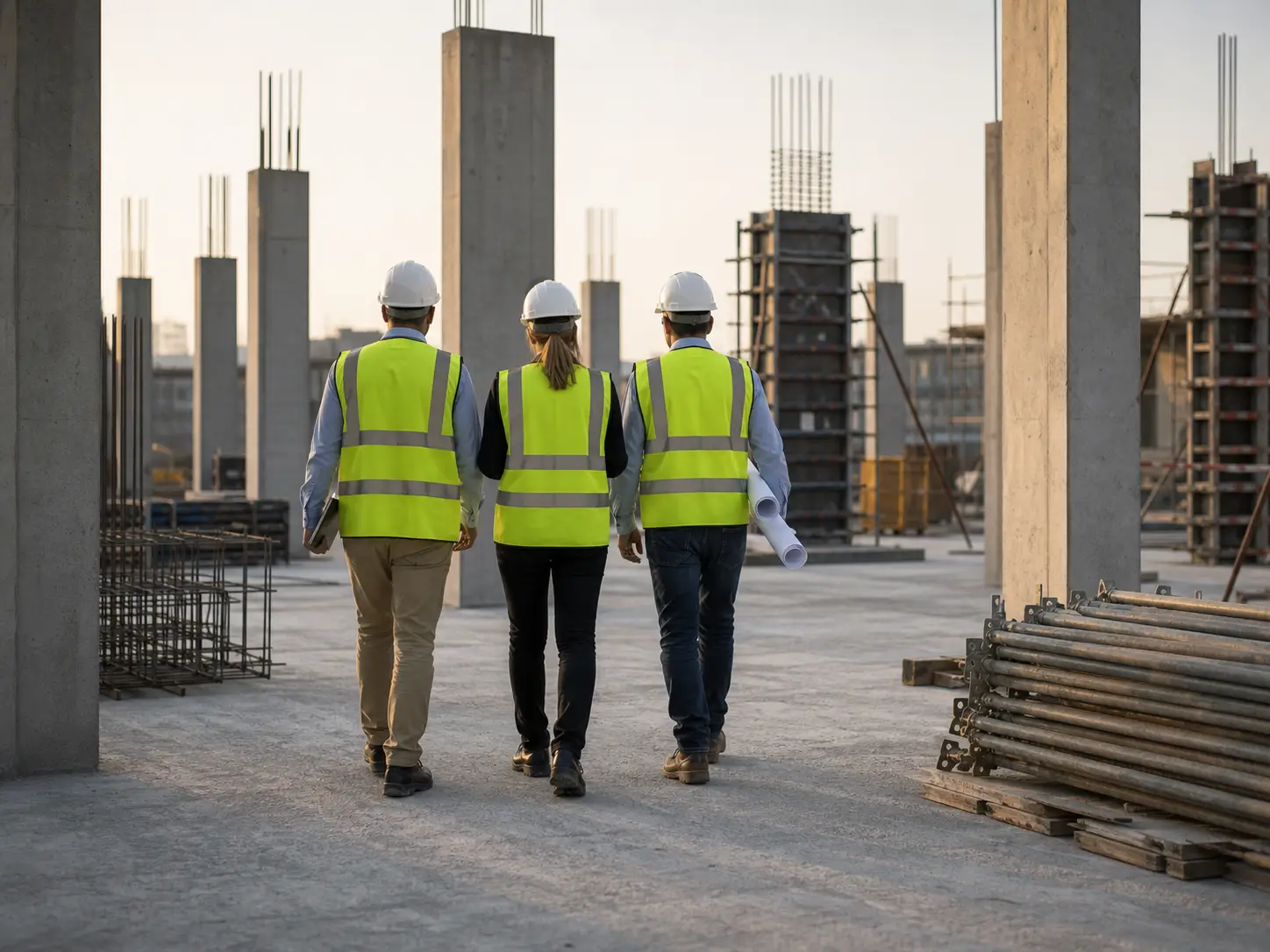 Three site managers walking a concrete frame site