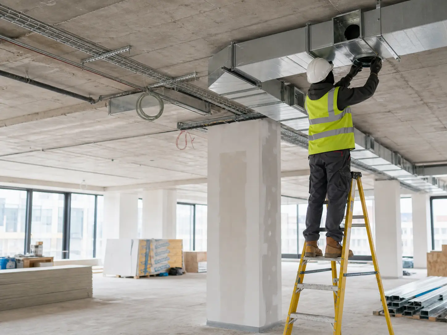 Operative fitting ductwork in an open-plan office fit-out