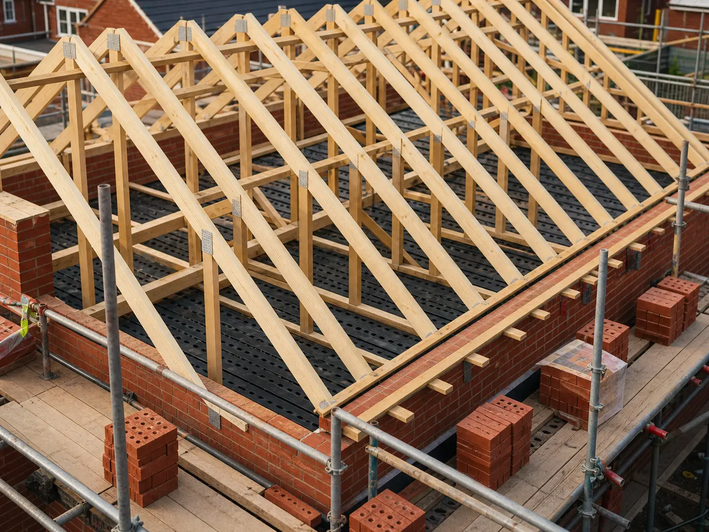 Timber roof trusses installed on a new brick building