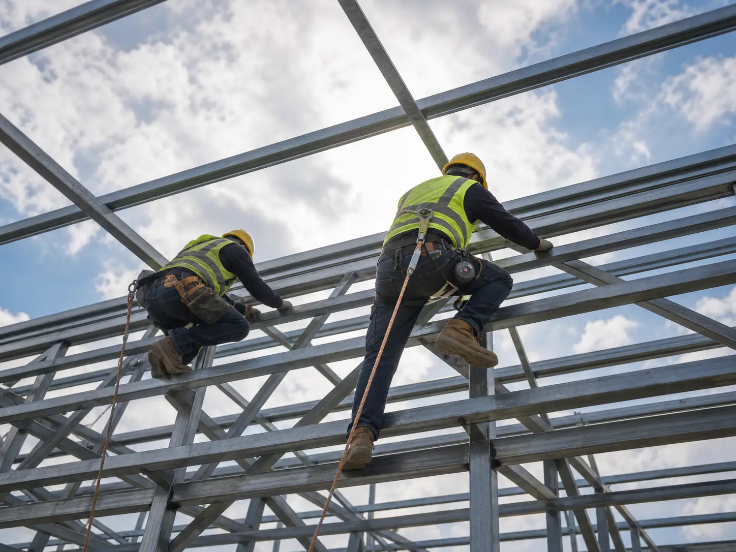 Steel erectors working on a roof frame