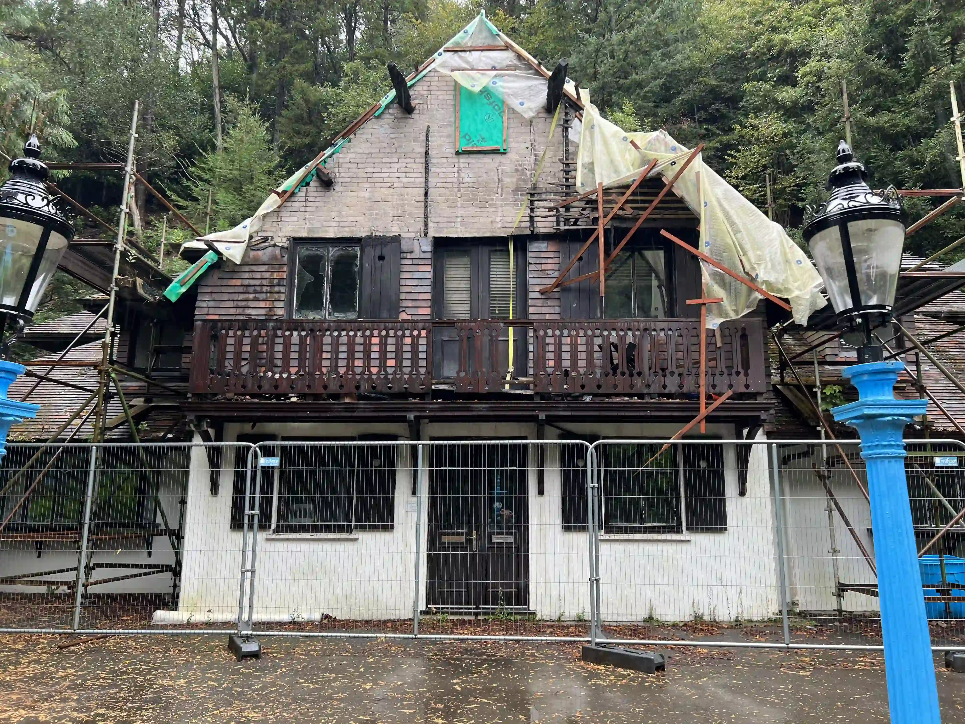 Fire-damaged Swiss Chalet at Glen Helen with scaffold and temporary protection