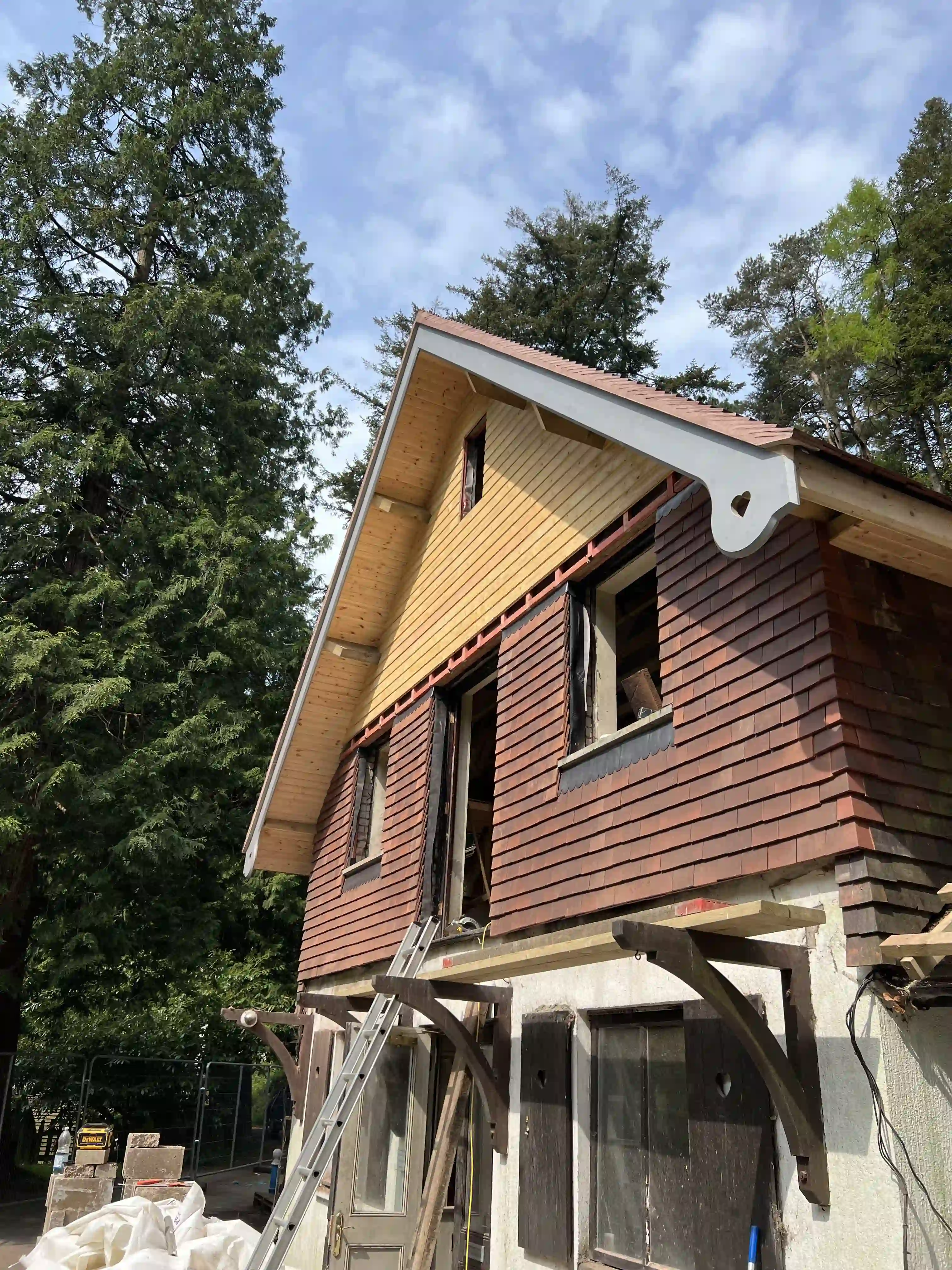 Gable of the Swiss Chalet at Glen Helen during reinstatement, with new timber cladding