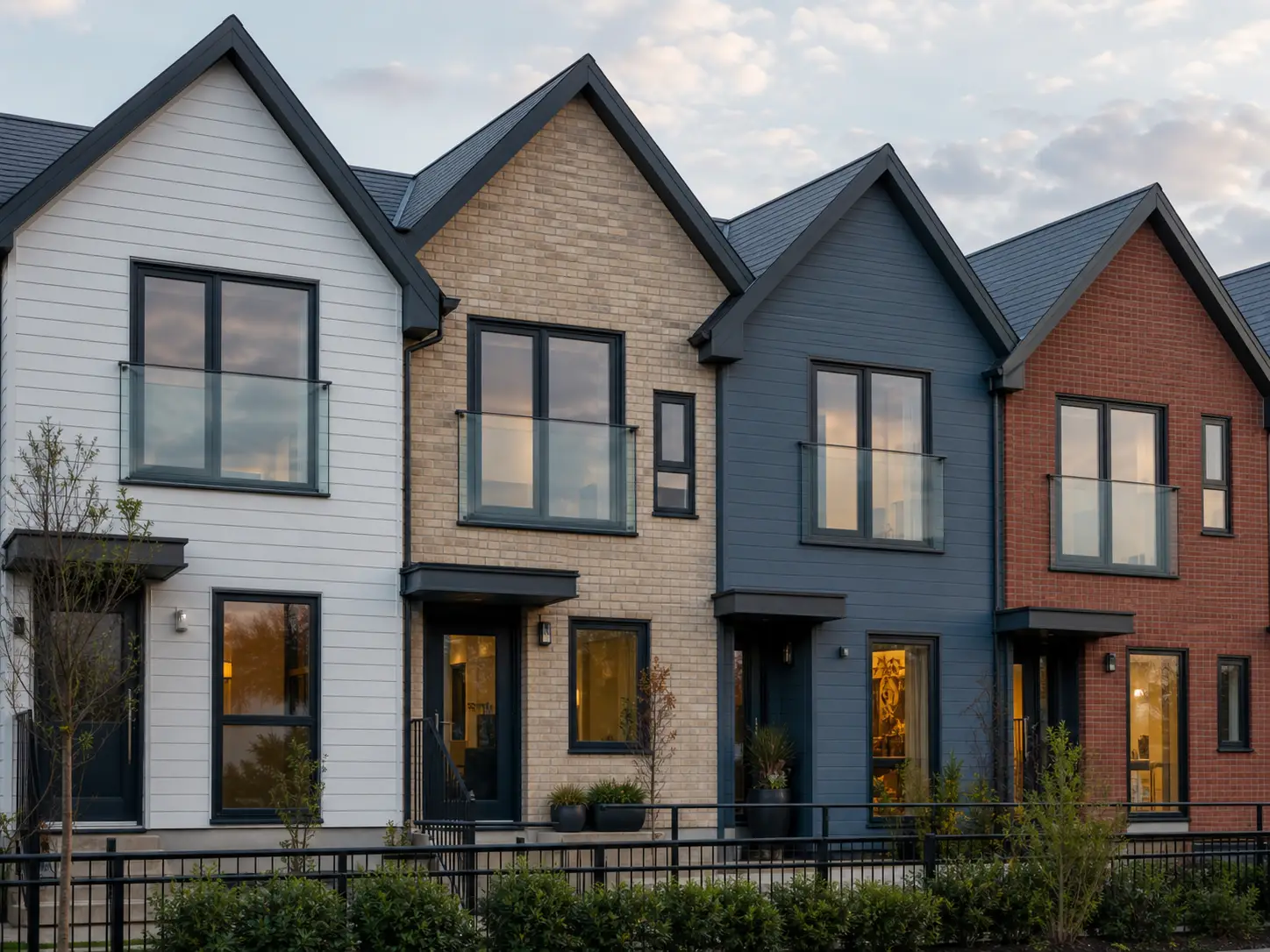 Row of new terraced homes with mixed cladding and brick facades