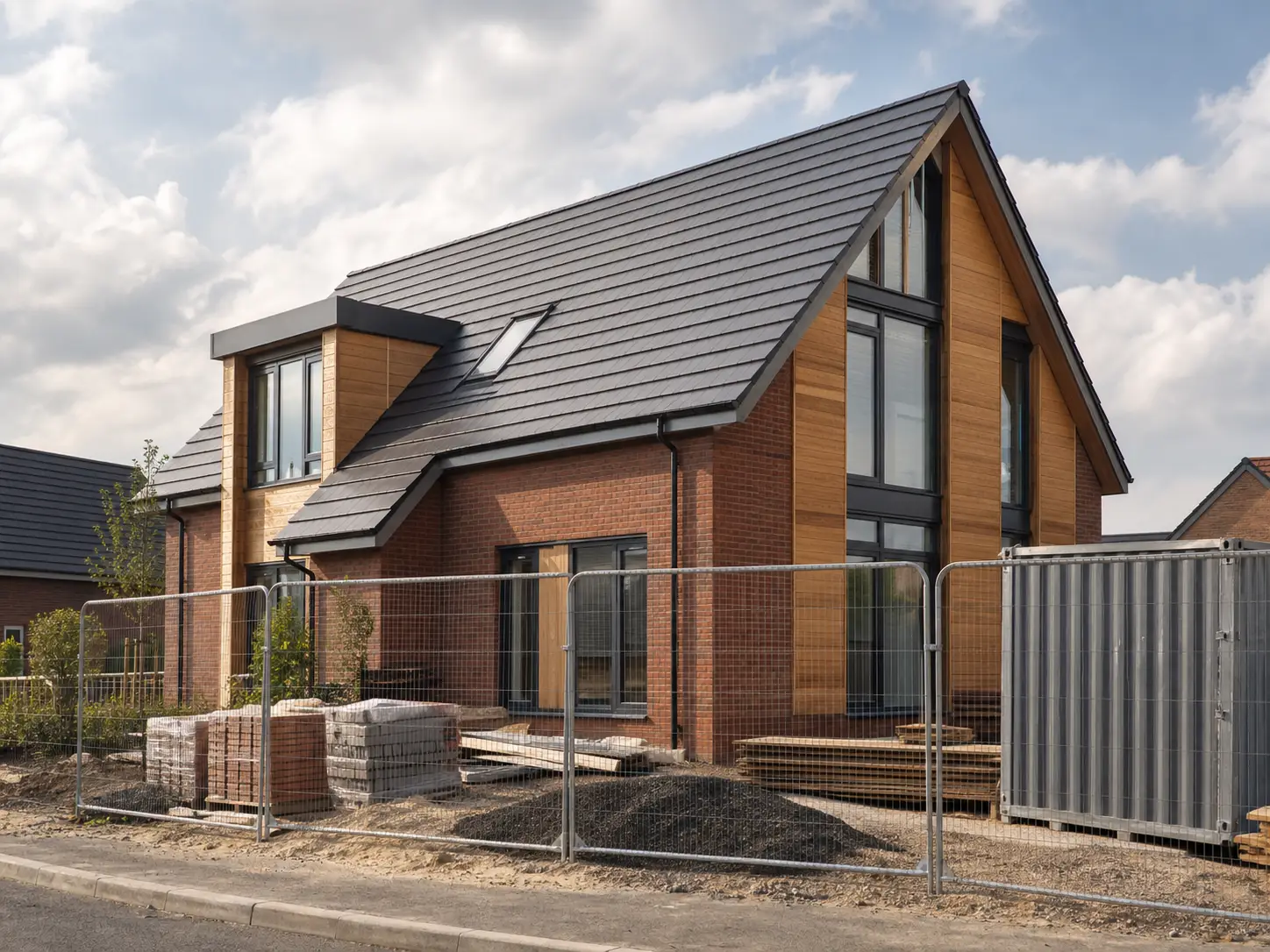 New brick and timber-clad house with a glazed gable nearing completion