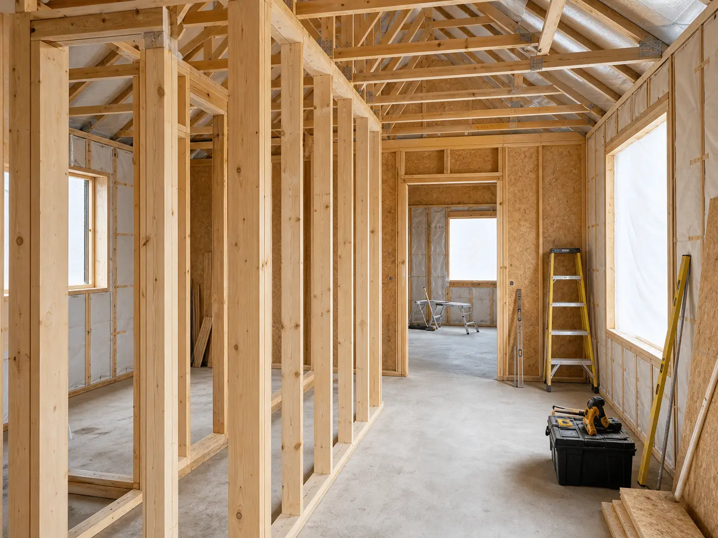 Timber stud partitions and roof structure inside a new build