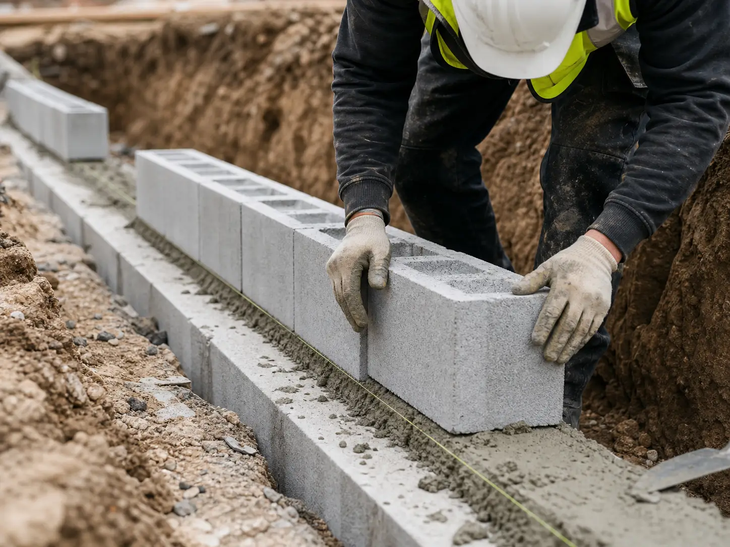 Operative laying concrete blocks on a foundation in a trench