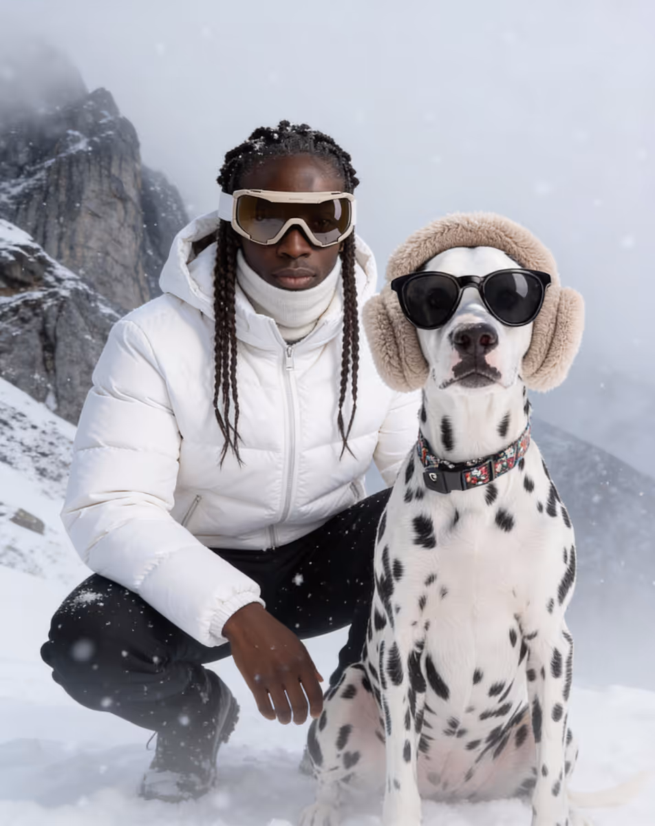 Man in white winter jacket and goggles crouching beside a Dalmatian dog wearing sunglasses and fluffy earmuffs in a snowy mountain landscape.