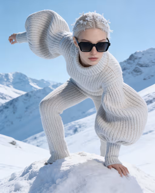 Woman in oversized white knitted sweater and pants crouching on snow-covered rock with snowflakes in her hair and wearing black sunglasses against a snowy mountain background.
