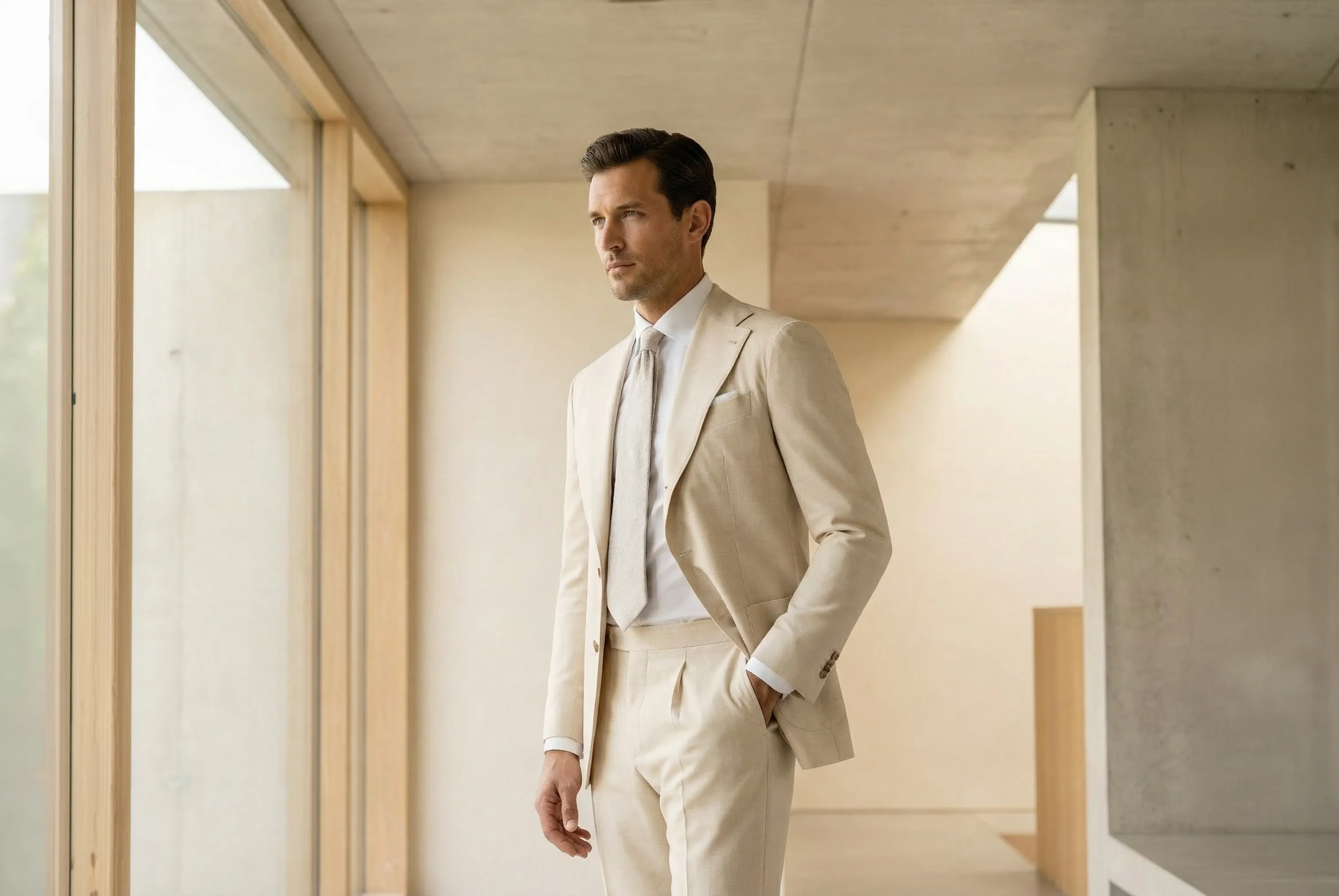 Eleganter Mann in beige Anzug und Krawatte steht in modernem, minimalistischem Interieur.