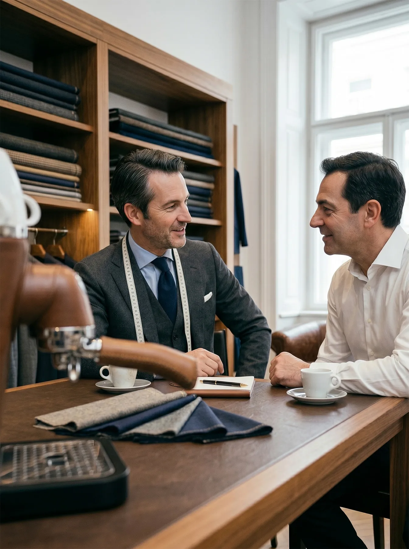 Maßschneider berät Kunden im Atelier mit Stoffmustern und Kaffeetassen am Tisch.