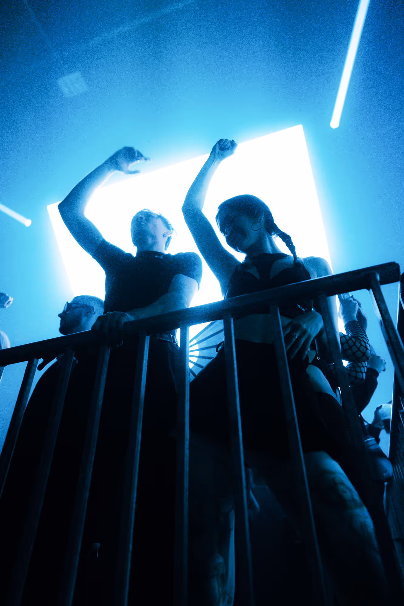 Two people dancing and raising their arms behind metal bars under blue light at a party or club.