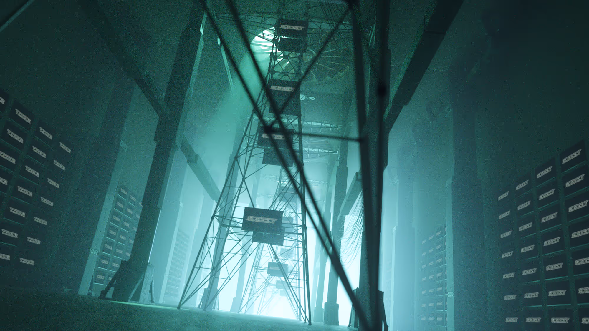 Futuristic room with tall columns, metal scaffolding, screens, and beams amid greenish light haze.