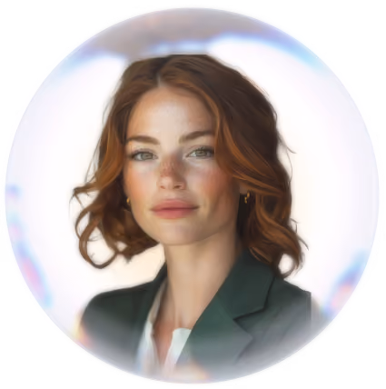 Portrait of a red-haired woman with green eyes wearing a green blazer inside a translucent bubble.