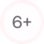 Circle with gray '6+' text inside on a white background.