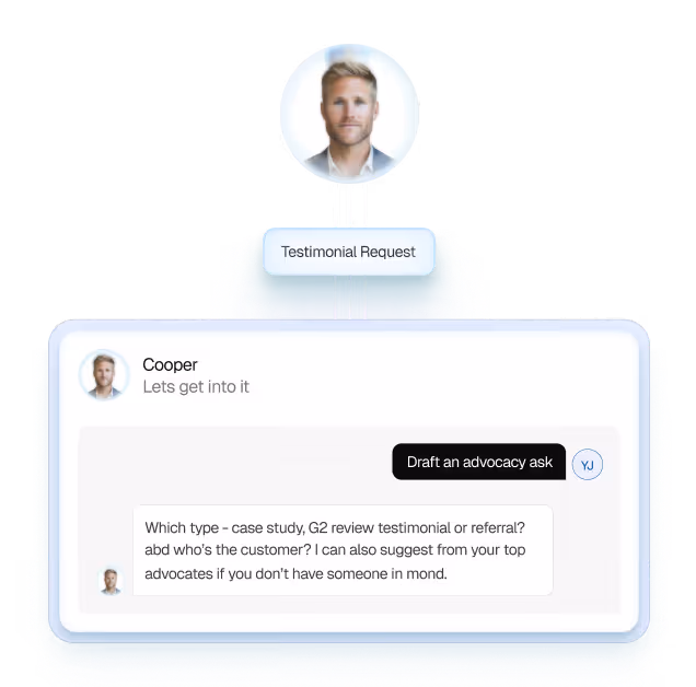 Chat interface with Cooper discussing testimonial request options and suggesting top advocates.