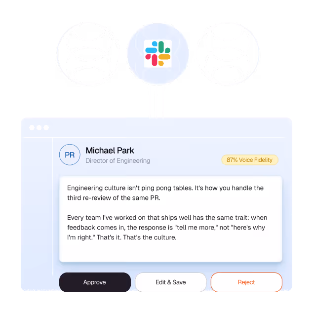 Slack message from Michael Park on engineering culture and feedback with Approve, Edit & Save, Reject buttons.