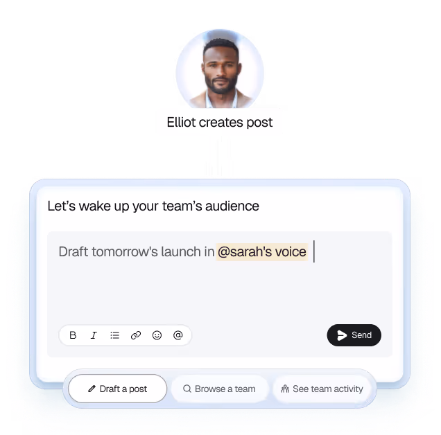 Elliot creates a post draft reading 'Draft tomorrow's launch in @sarah's voice' on a team platform.