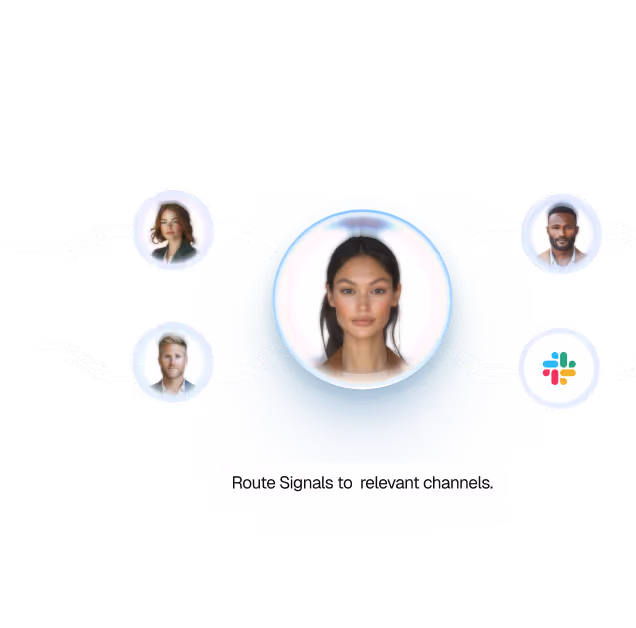 Central portrait connected by lines to three other faces and Slack logo, with text about routing signals.