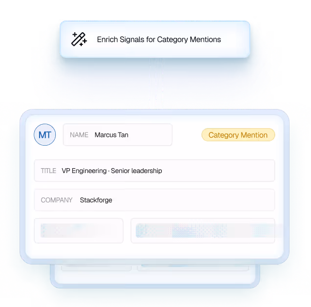 User card for Marcus Tan, VP Engineering at Stackforge, marked with a Category Mention tag.