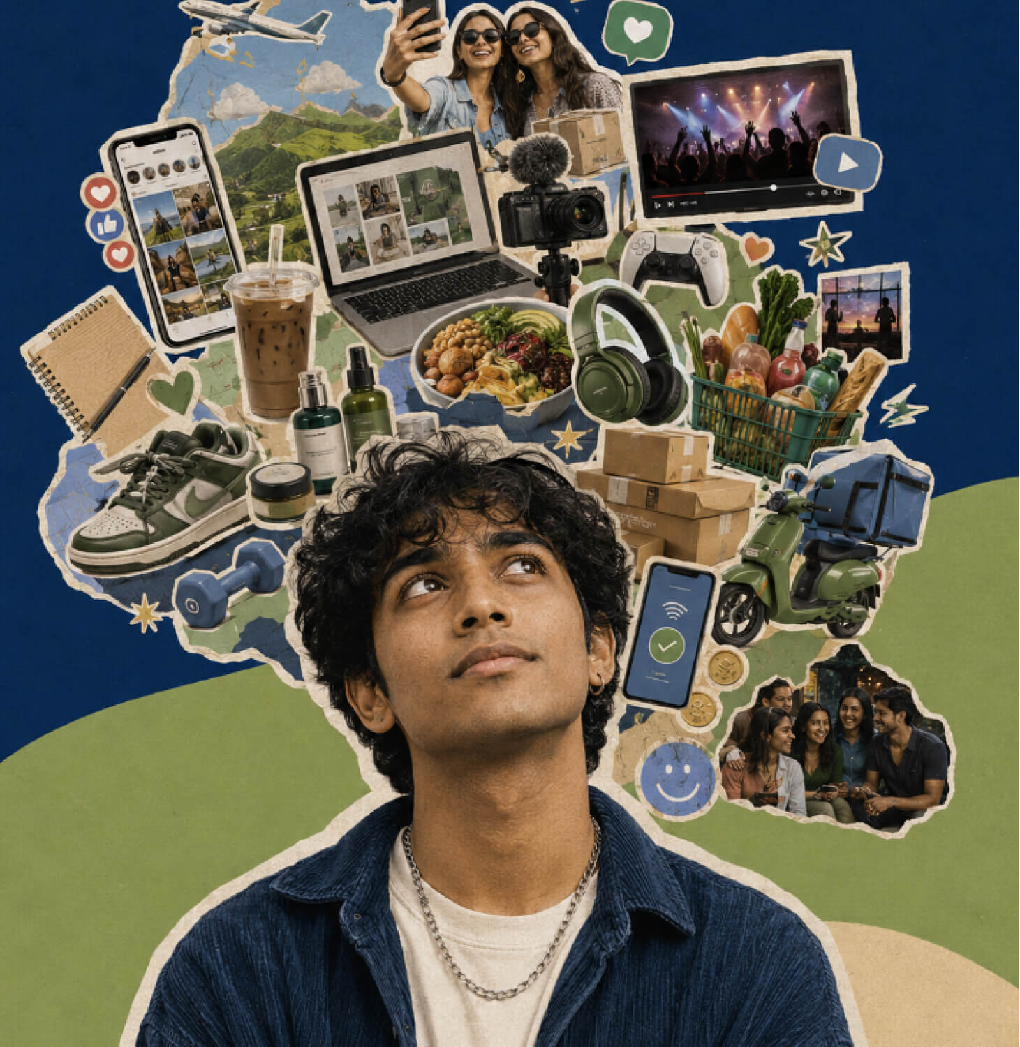 Young consumer surrounded by digital touchpoints and decision cues