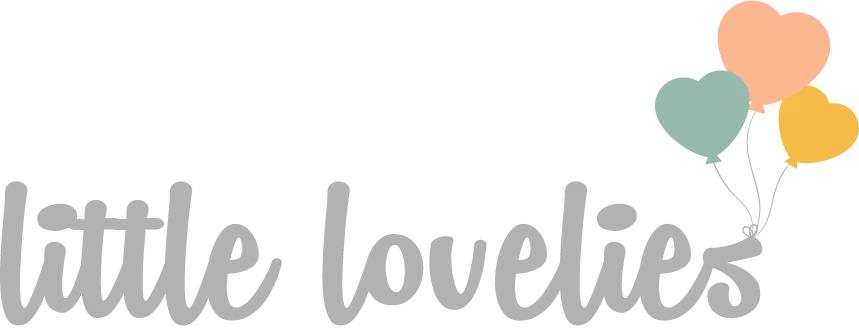 Gray text 'little lovelies' with three heart-shaped balloons in peach, teal, and yellow.