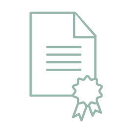 Icon of a document with text lines and a ribbon badge indicating certification or quality.