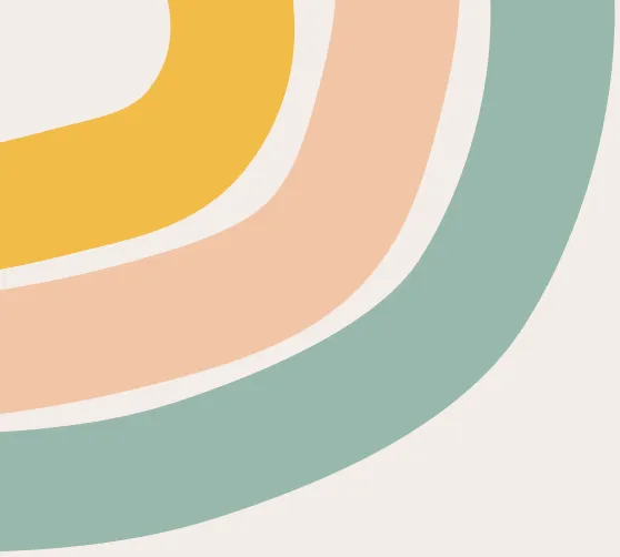 Abstract curved stripes in yellow, peach, and green on a light beige background.