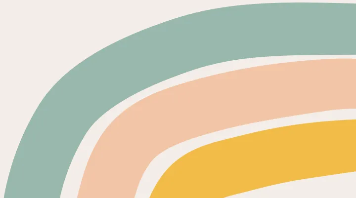 Abstract curved stripes in green, peach, and yellow on a beige background.