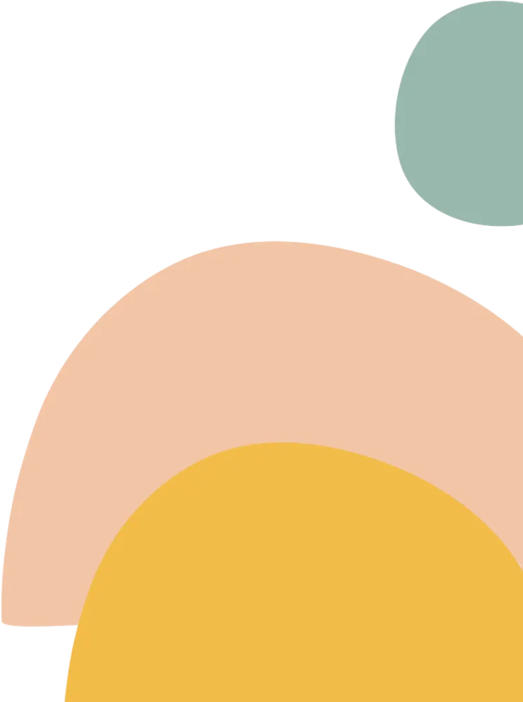 Abstract geometric shapes: green circle, peach arch, and yellow semicircle on black background.