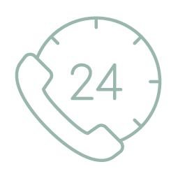 Green phone icon with a clock showing 24 hours, symbolizing 24-hour phone support.