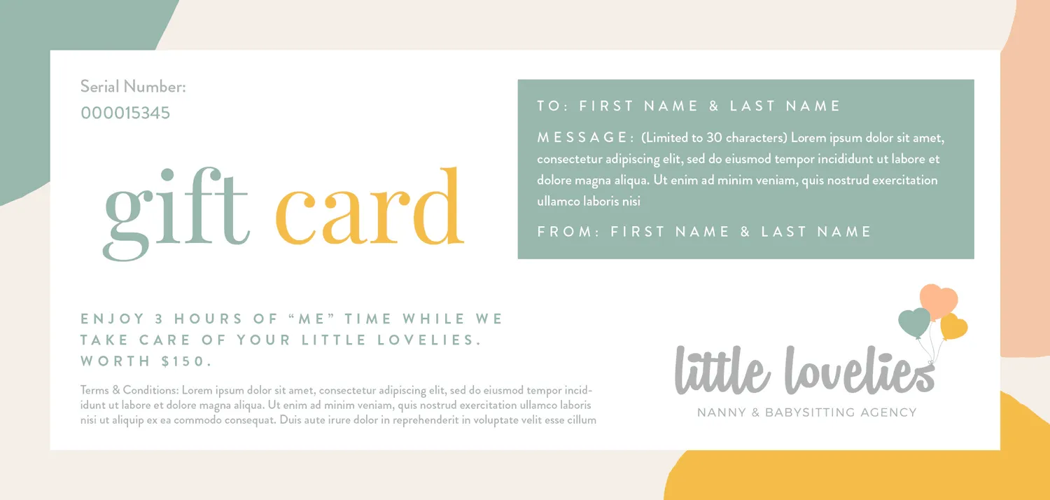 Gift card for Little Lovelies babysitting agency offering 3 hours of care worth $150, with customizable message.