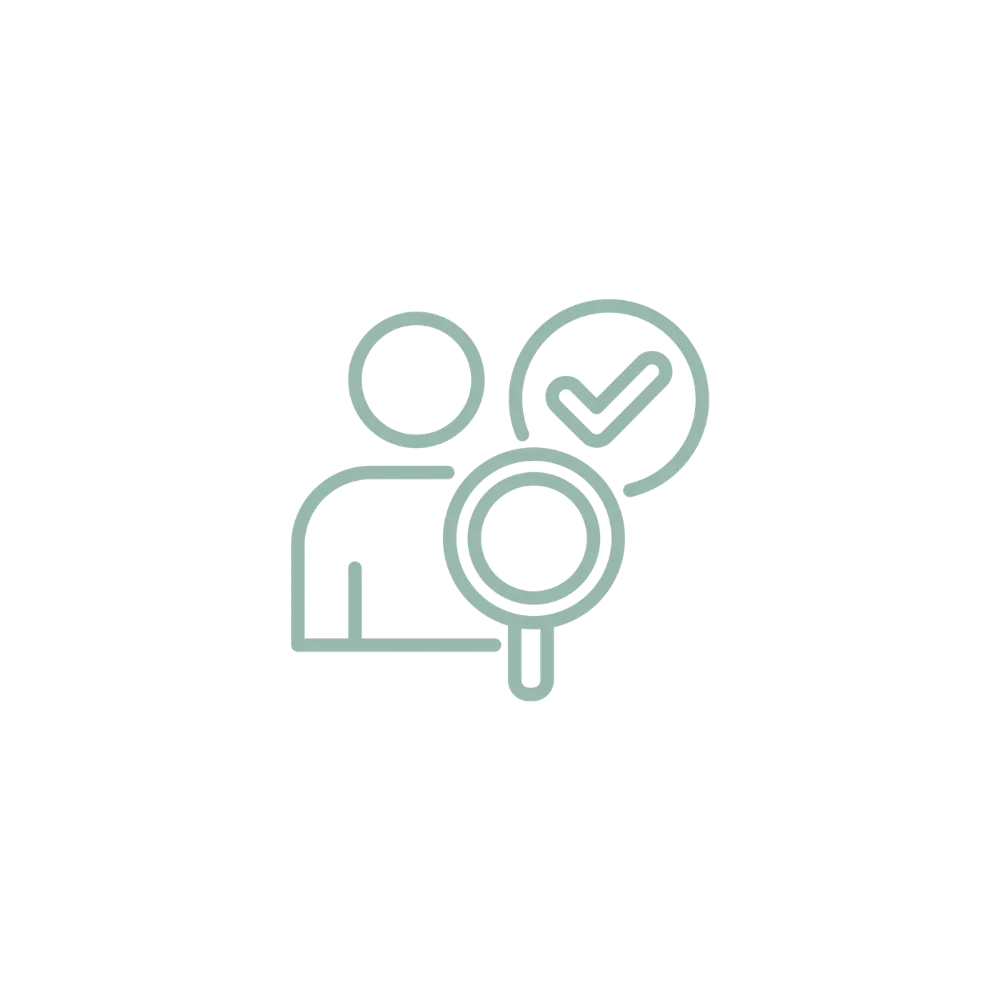 Outline of a user with a magnifying glass and a checkmark indicating verified or approved.