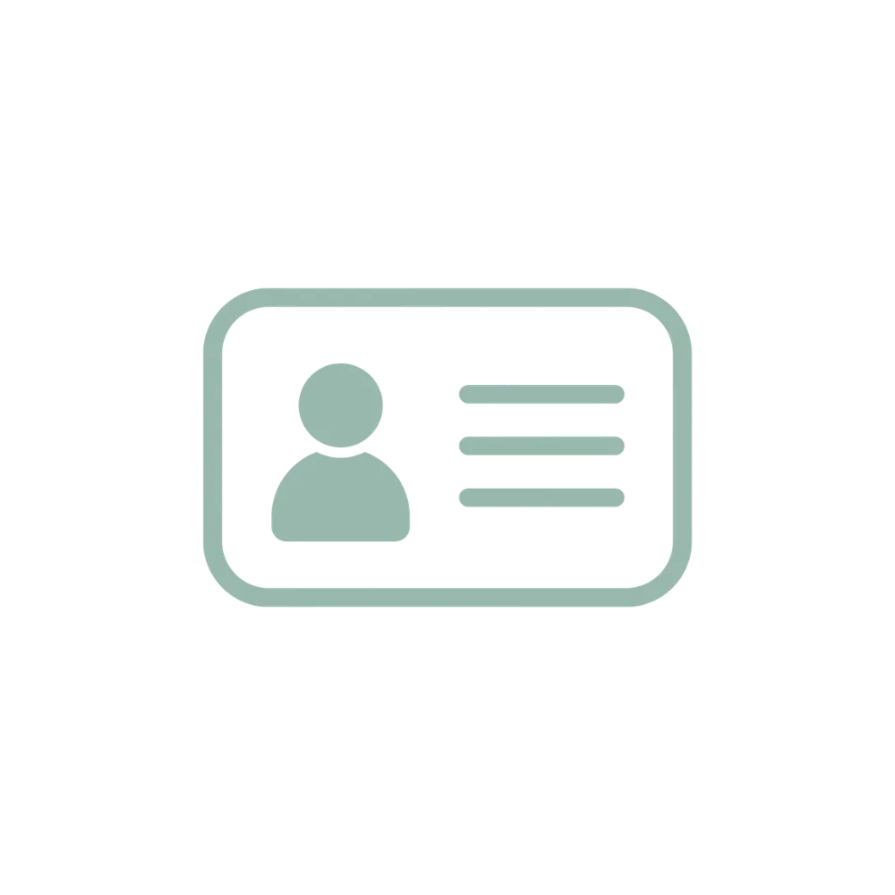 Icon of an ID card with a user silhouette and three horizontal lines representing text.