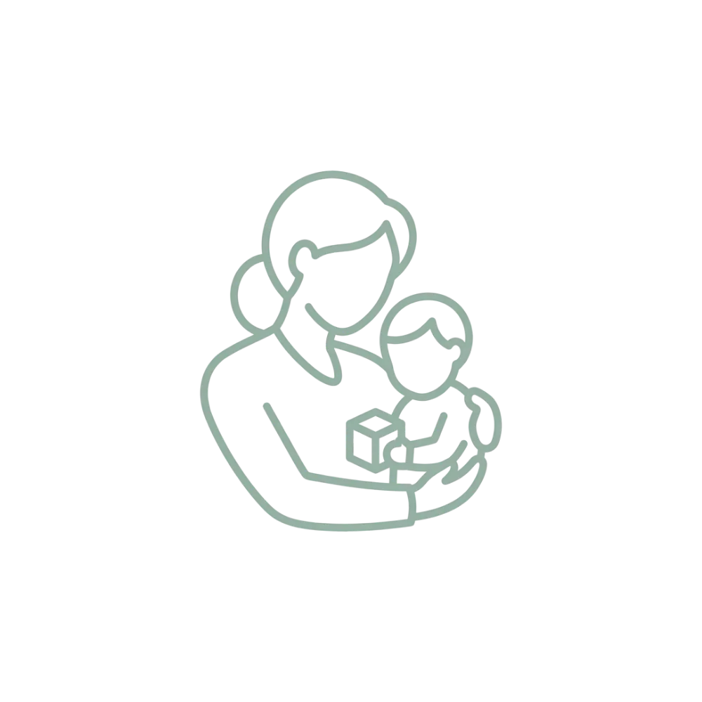 Outline icon of a person holding a child with a toy block in their arms.