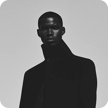 Portrait of a dark-skinned person wearing a black high-collared coat on a plain background.