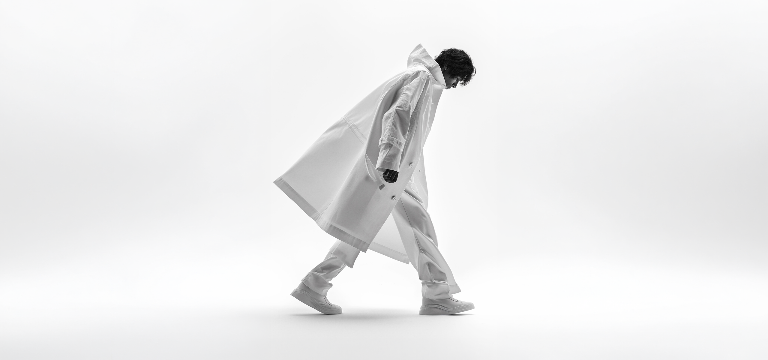 Person in all-white outfit and coat walking against a plain white background in a minimalist style.