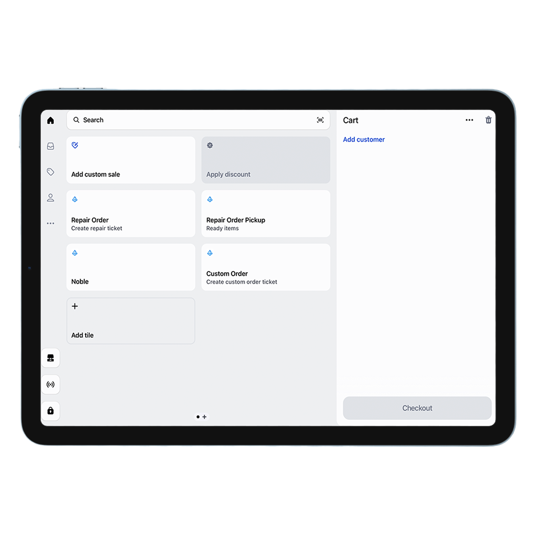 Tablet screen showing point-of-sale interface with options for custom sale, repair orders, and checkout.