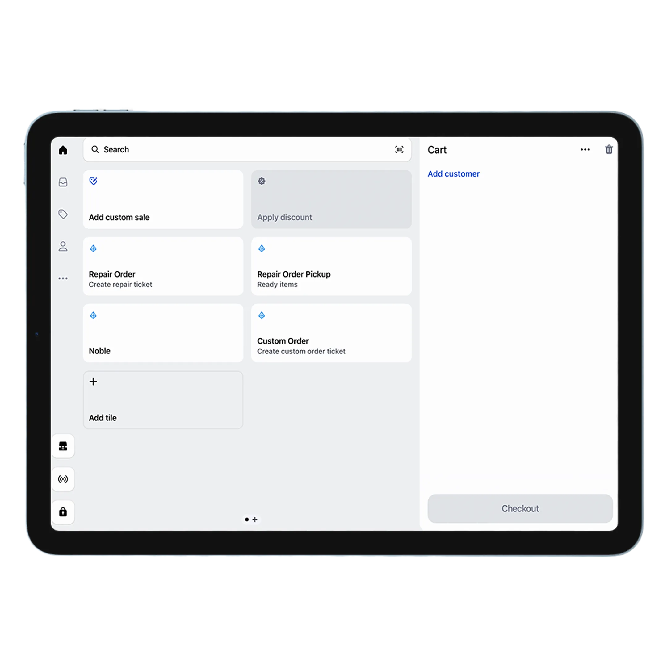Tablet screen showing point-of-sale interface with options for custom sale, repair orders, and checkout.