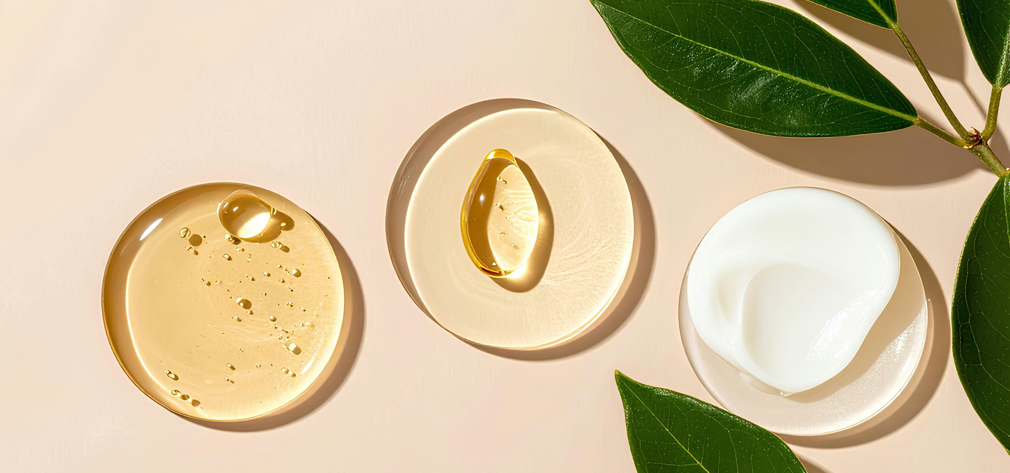 Three circular clear plates displaying different skincare product textures: amber gel with bubbles, golden oil drop, and white cream, accompanied by green leaves on a beige background.