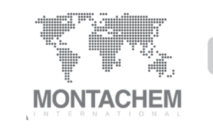 Montachem International logo featuring a stylized world map composed of gray dots above the company name in bold letters.
