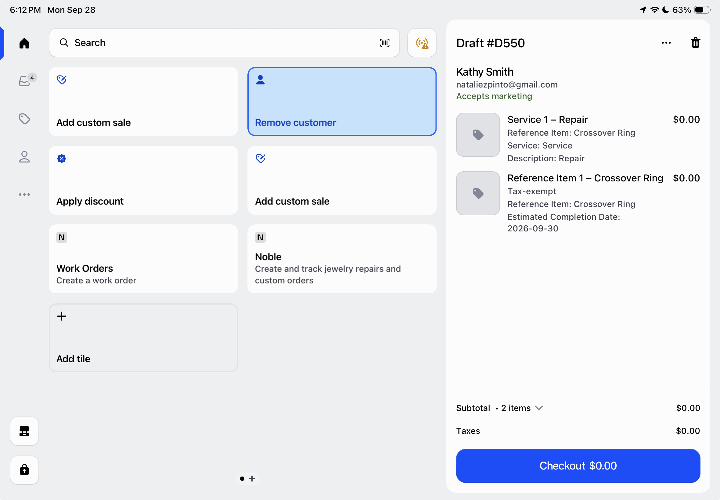 POS screen capture showing the Shopify pos smart grid with a tile that says noble