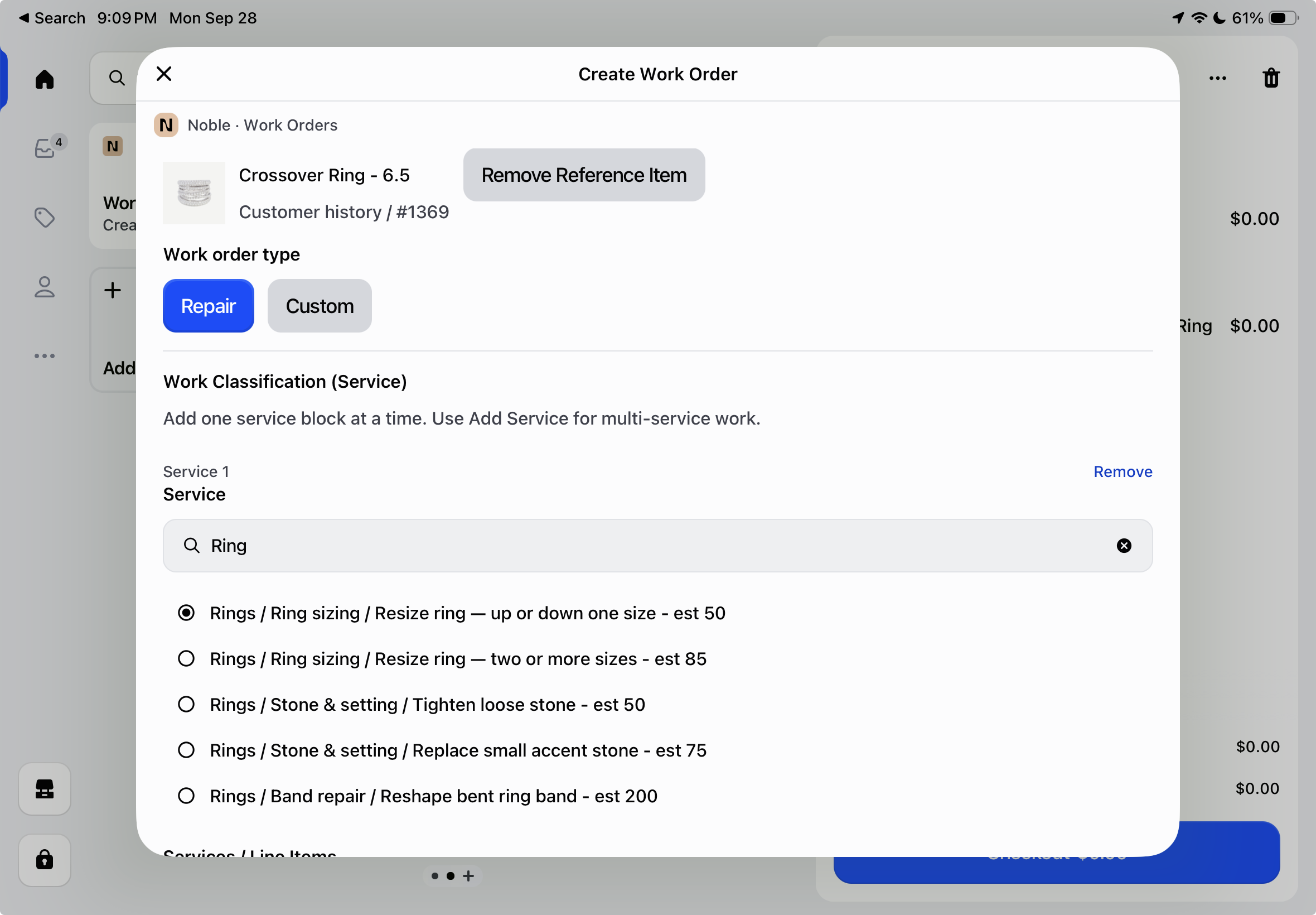 Screen shot of the noble app on POS ipad device showing a repair